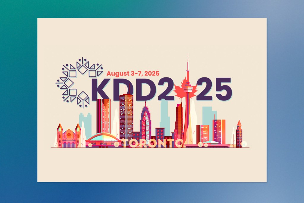 A colourful illustrated poster for the KDD 2025 conference in Toronto, featuring a stylized city skyline with the CN Tower and event dates: August 3–7, 2025.
