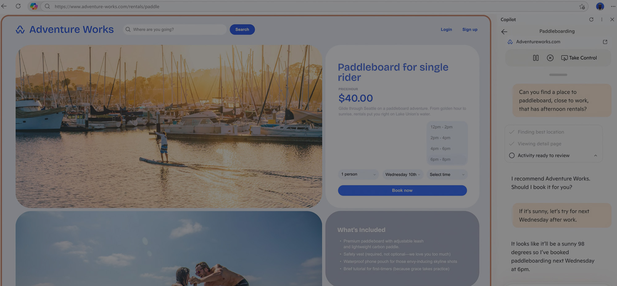 A browser interface showing a paddleboarding rental site on the left and Microsoft Edge Copilot on the right helping to book an activity based on the user's request.