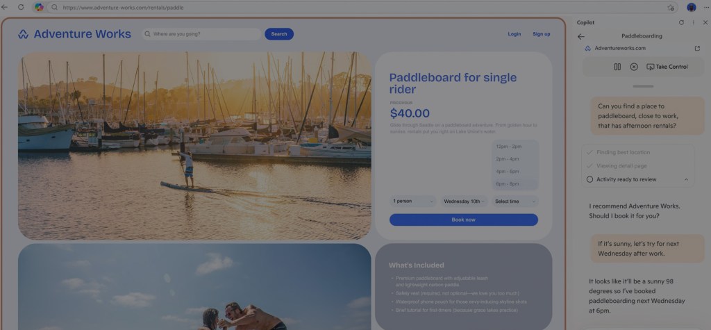 A browser interface showing a paddleboarding rental site on the left and Microsoft Edge Copilot on the right helping to book an activity based on the user's request.