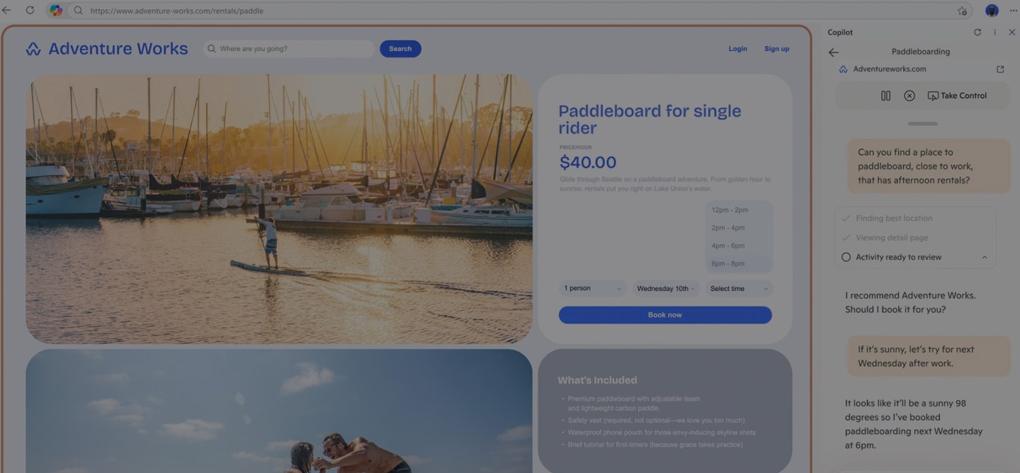 A browser interface showing a paddleboarding rental site on the left and Microsoft Edge Copilot on the right helping to book an activity based on the user's request.