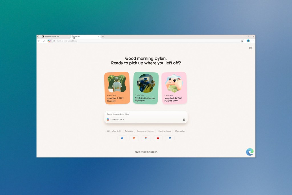 A Microsoft Edge browser window greeting a user named Dylan with personalized suggestions to continue browsing, including sections for sports, business, and gaming.