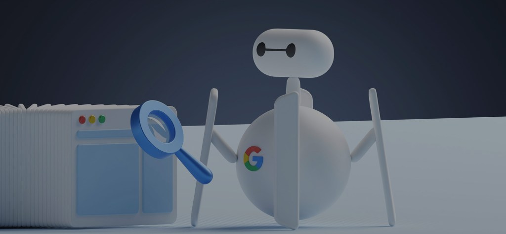 A 3D-rendered illustration of a cute robot with Google branding holding a magnifying glass next to a stack of browser windows, representing web crawling and SEO technology.