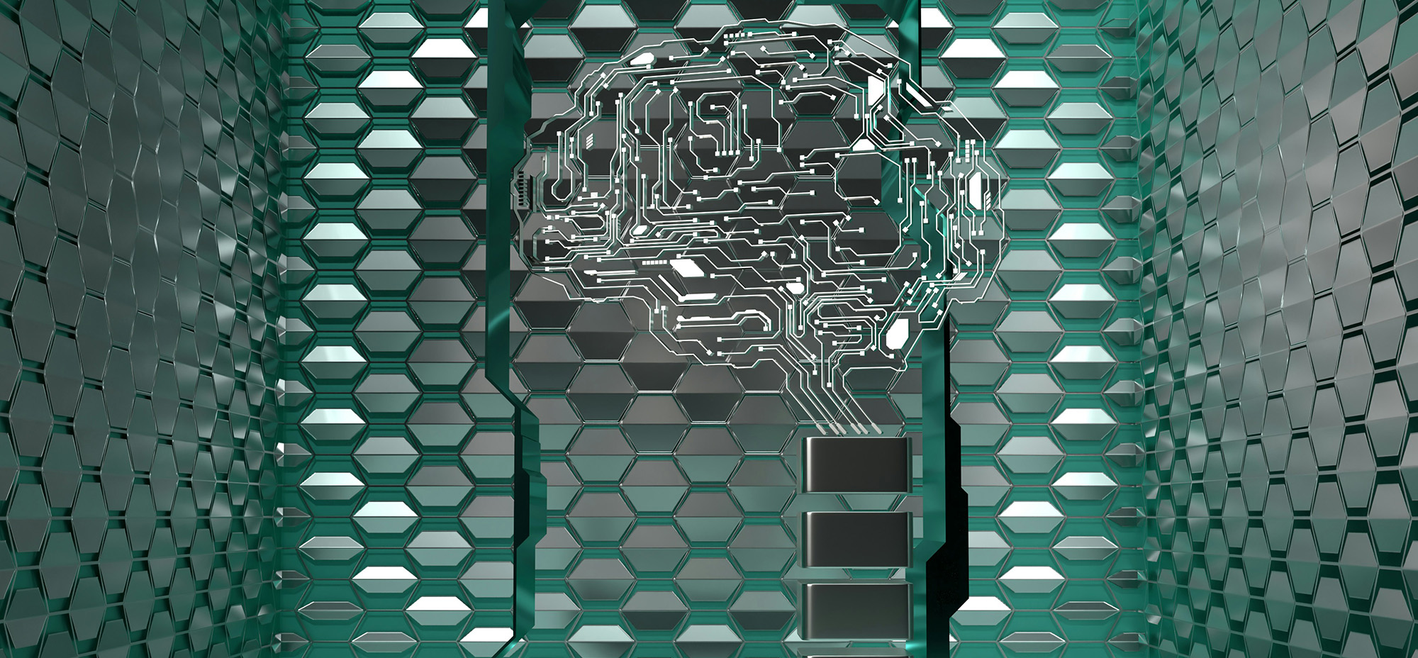 A stylized digital brain embedded into a futuristic green hexagonal wall—strong visual for themes around superintelligence, neural networks, or speculative AI futures.