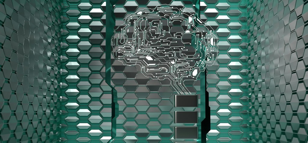 A stylized digital brain embedded into a futuristic green hexagonal wall—strong visual for themes around superintelligence, neural networks, or speculative AI futures.