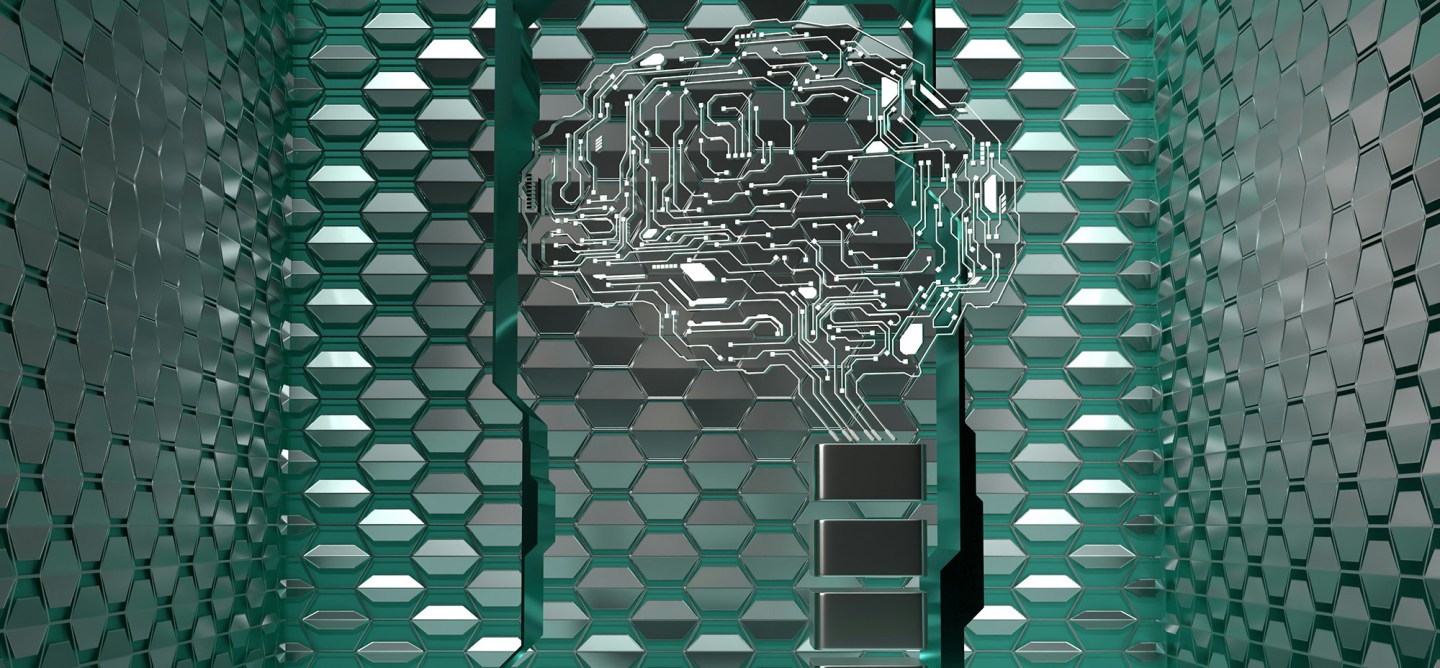 A stylized digital brain embedded into a futuristic green hexagonal wall—strong visual for themes around superintelligence, neural networks, or speculative AI futures.