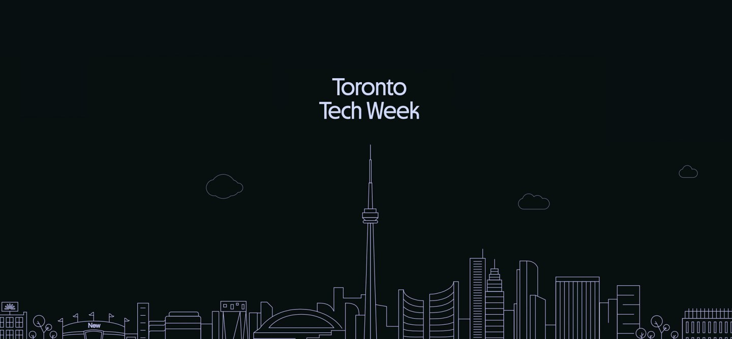 A sleek, minimalist illustration of Toronto's skyline with the CN Tower at the centre, branded with “Toronto Tech Week.” Great for event recaps, highlights, or tech community posts.