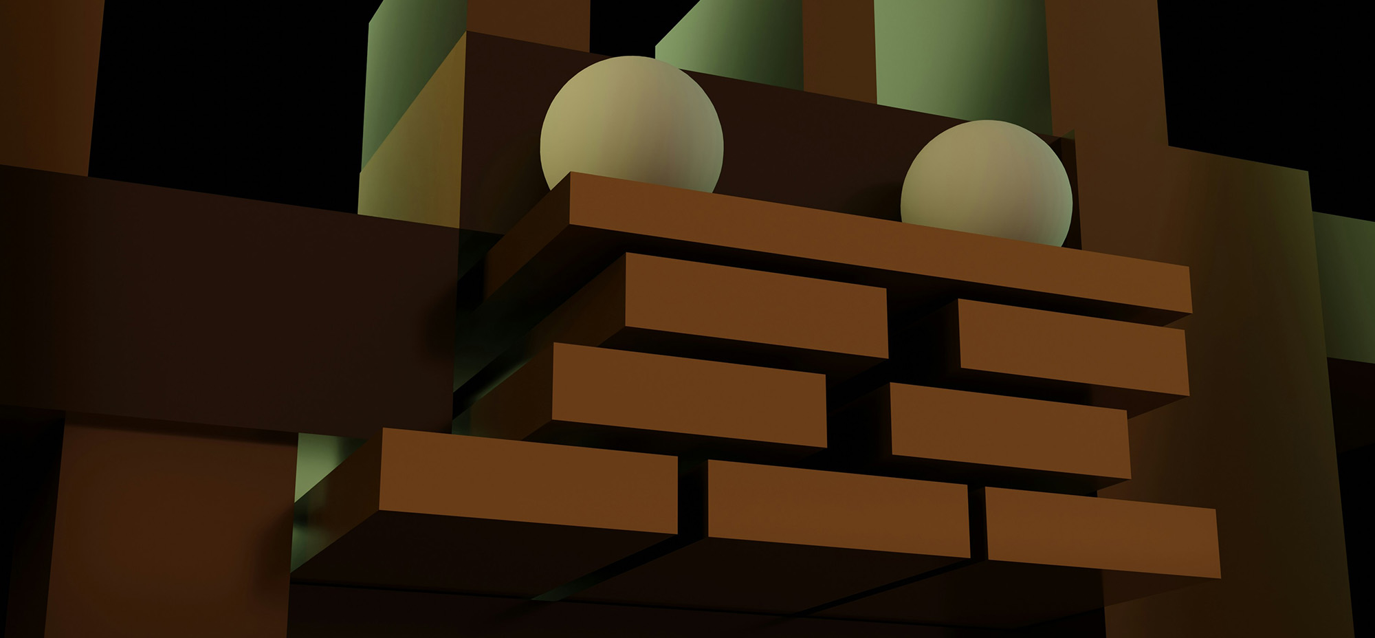 Abstract 3D illustration of geometric blocks and spheres in dark tones.