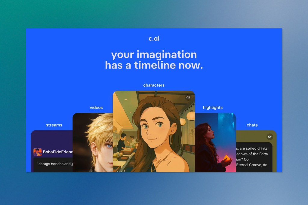 A promotional graphic for c.ai with the tagline “your imagination has a timeline now.” on a bright blue background, featuring layered cards showing an anime-style female character, a blond anime male, a woman holding a glowing object, and interface previews for streams, videos, highlights, and chats.