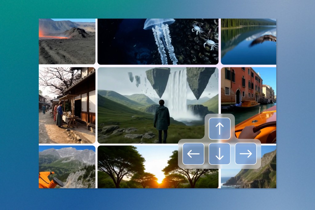 Collage of diverse scenic clips arranged in a grid format, featuring volcanoes, underwater jellyfish, serene lakes, traditional Japanese streets, floating mountains with waterfalls, European canals, hikers, sunset landscapes, and coastlines. Arrow key icons appear in the center, suggesting navigation.