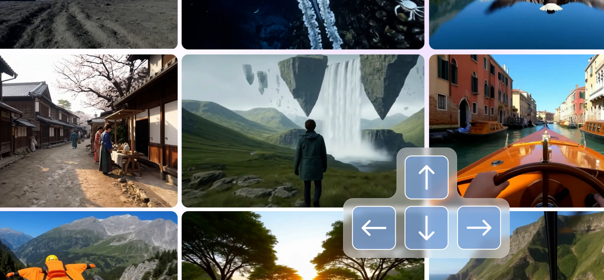 Collage of diverse scenic clips arranged in a grid format, featuring volcanoes, underwater jellyfish, serene lakes, traditional Japanese streets, floating mountains with waterfalls, European canals, hikers, sunset landscapes, and coastlines. Arrow key icons appear in the center, suggesting navigation.