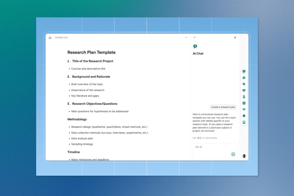 A screenshot of Grammarly’s AI-powered writing assistant generating a structured research plan template, including sections for title, background, methodology, and timeline. A side panel shows Grammarly’s AI chat tool offering contextual help.