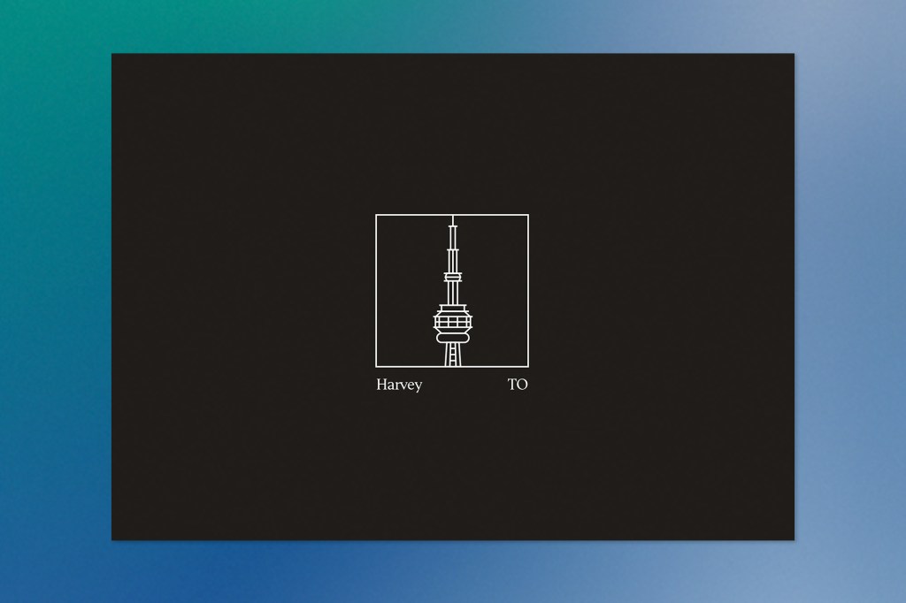 A minimalist black background with a white outline drawing of the CN Tower inside a square. The text “Harvey” appears on the left and “TO” on the right beneath the square.