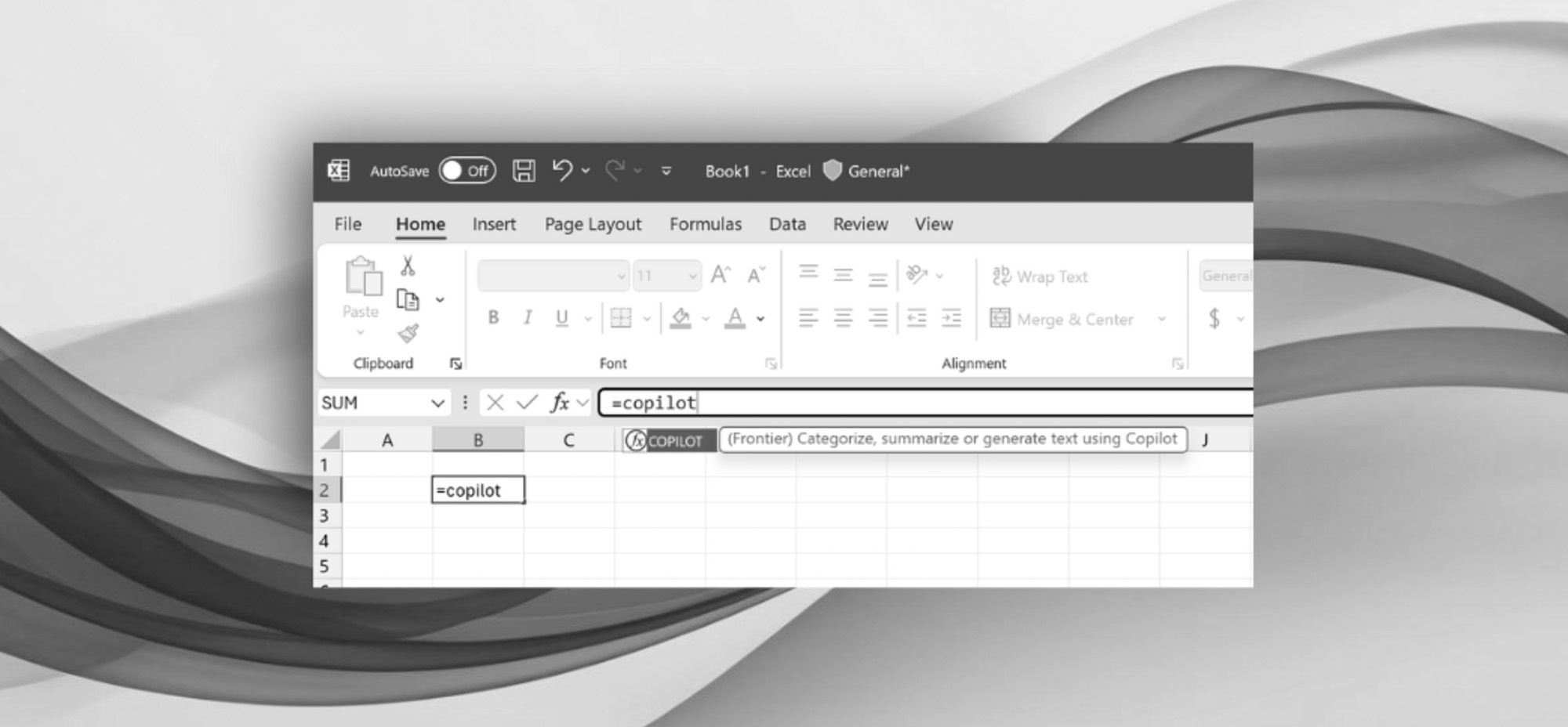 A black and white close-up of Microsoft Excel’s interface, featuring the new Copilot function in use within a formula bar, showcasing AI-powered text generation capabilities.