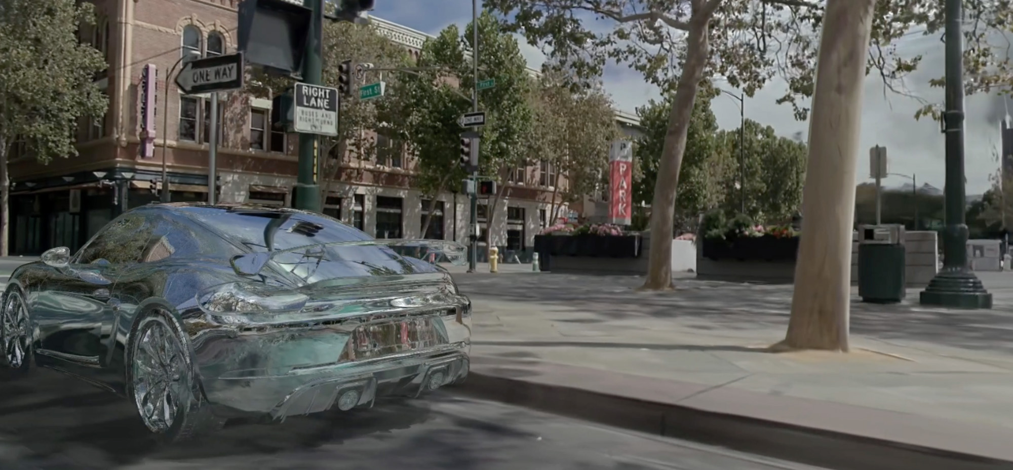 Chrome-like sports car image from NVIDIA Cosmos, shown framed within a gradient blue background.
