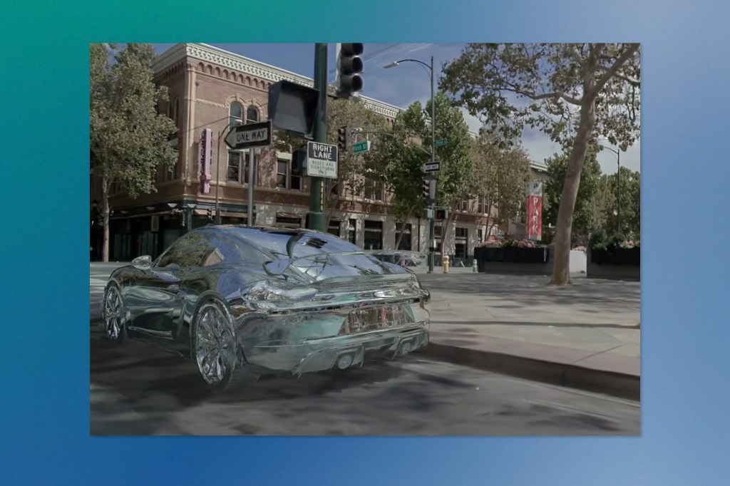 Chrome-like sports car image from NVIDIA Cosmos, shown framed within a gradient blue background.
