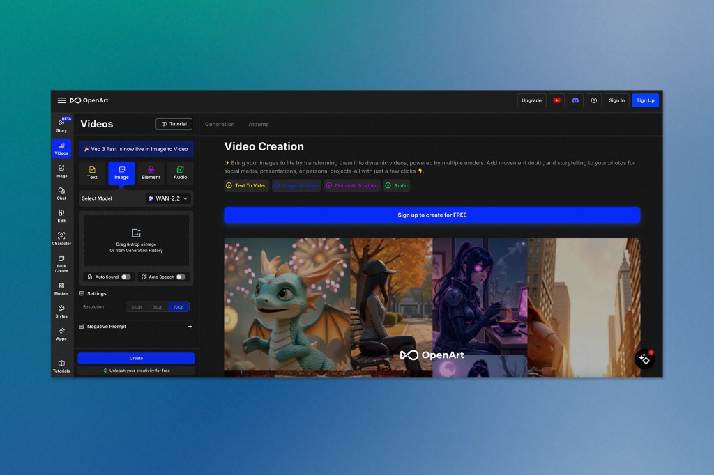 The OpenArt video creation platform interface, with tools for text-to-video, image-to-video, and other features. The screen displays a row of example AI-generated characters and scenes, including a small blue dragon and a cyberpunk girl.