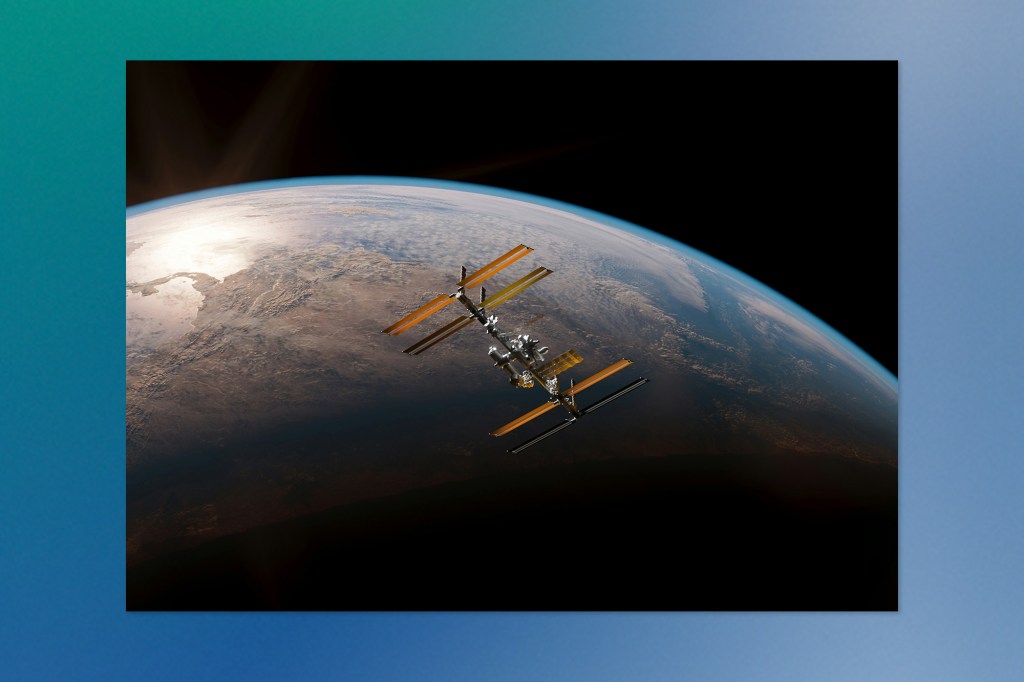 Image of the International Space Station orbiting above Earth, with visible terrain and clouds curving along the planet's surface.