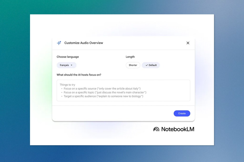 Screenshot of a user interface titled “Customize Audio Overview” from NotebookLM. It includes options to choose a language (set to French), adjust audio length, and specify what the AI hosts should focus on, with sample guidance for targeting topics or audiences.