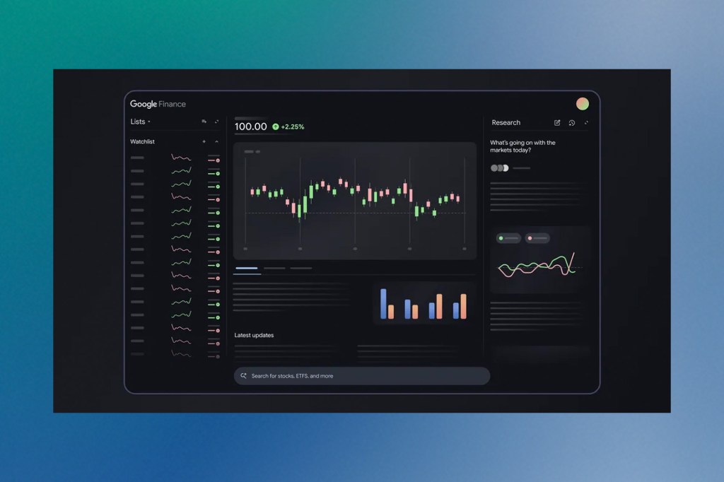 A dark-themed Google Finance dashboard with charts, market trends, stock price data, watchlists, and performance graphs in a sleek modern layout.