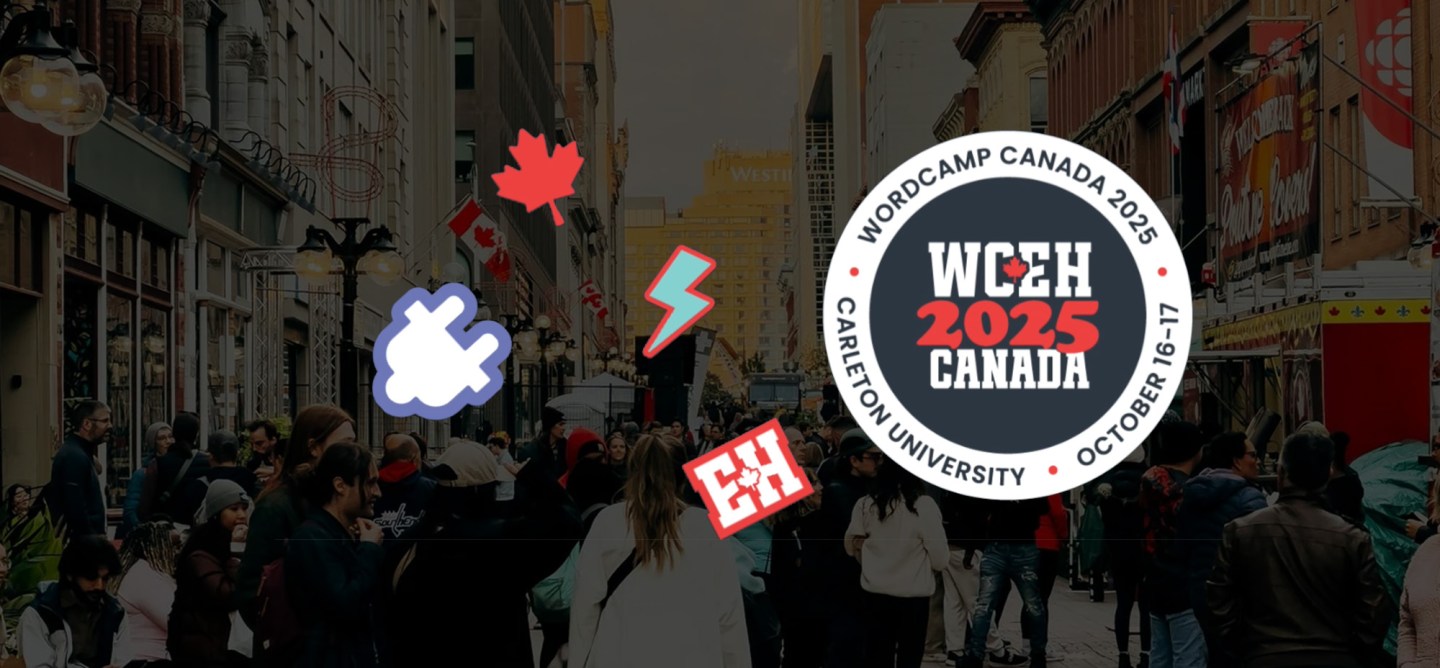 Street view of downtown Ottawa filled with people, Canadian flags, and food trucks. Overlaid are cartoon-style icons including a maple leaf, lightning bolt, WordPress puzzle piece, and the WCEH 2025 Canada badge showing dates October 16–17 at Carleton University.