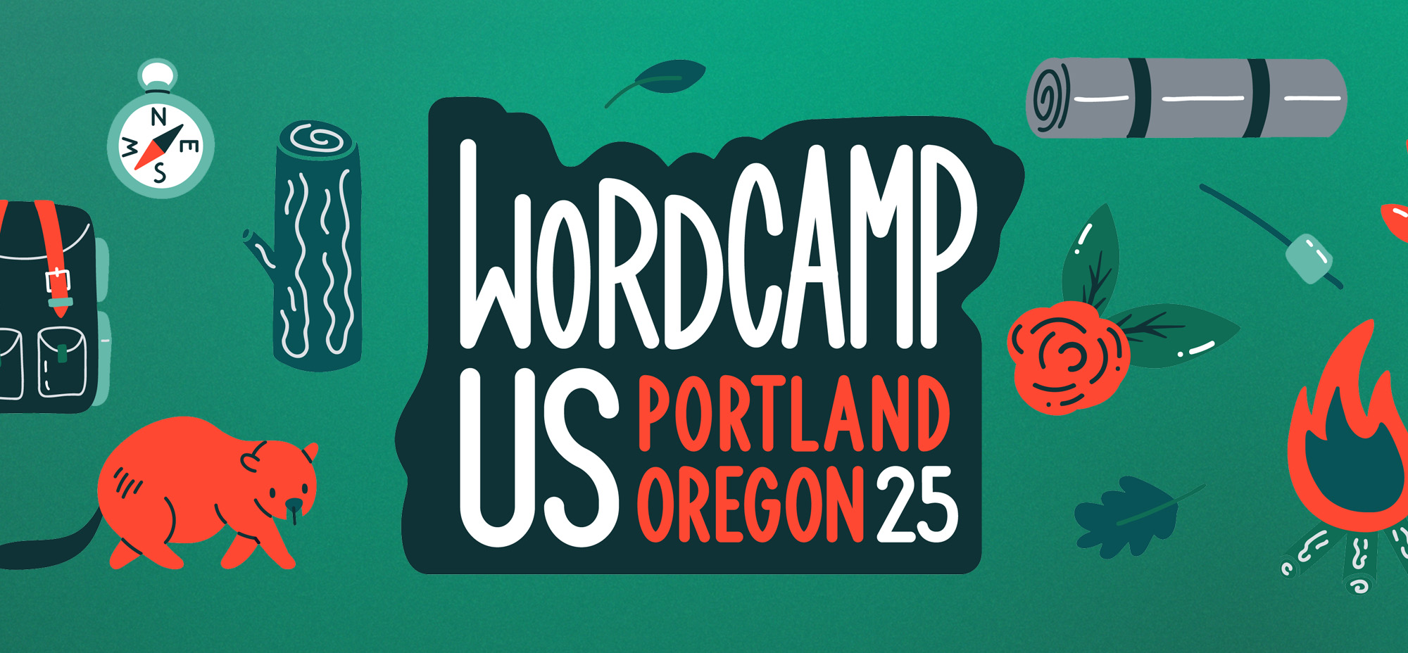 Illustrated banner for WordCamp US 2025 in Portland, Oregon. Surrounded by camping-themed icons such as a compass, backpack, rose, campfire, and marshmallow stick, the playful design sets a nature-inspired tone for the event.