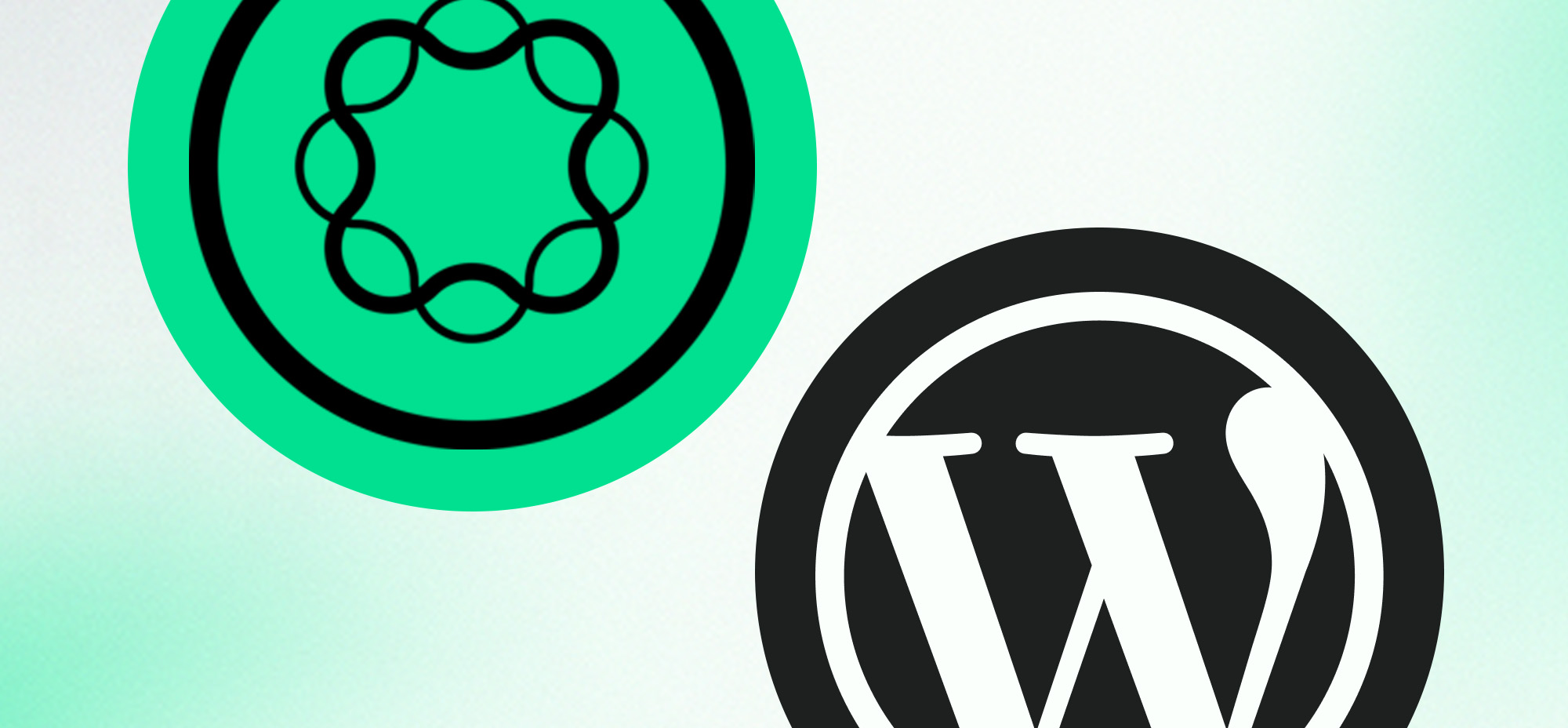 Graphic showing the Adobe Experience Manager (AEM) logo in green beside the WordPress logo in black and white, set against a light gradient background.