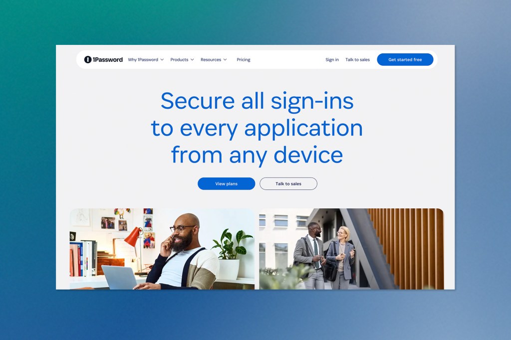 Homepage of 1Password highlighting the message “Secure all sign-ins to every application from any device,” with navigation links at the top and images of professionals using laptops and conversing.