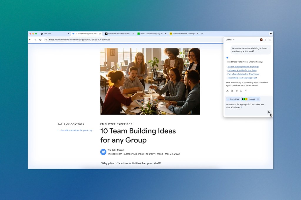Browser window open to a blog post titled “10 Team Building Ideas for any Group” with Google Gemini sidebar displaying saved browsing history and suggesting related activities.