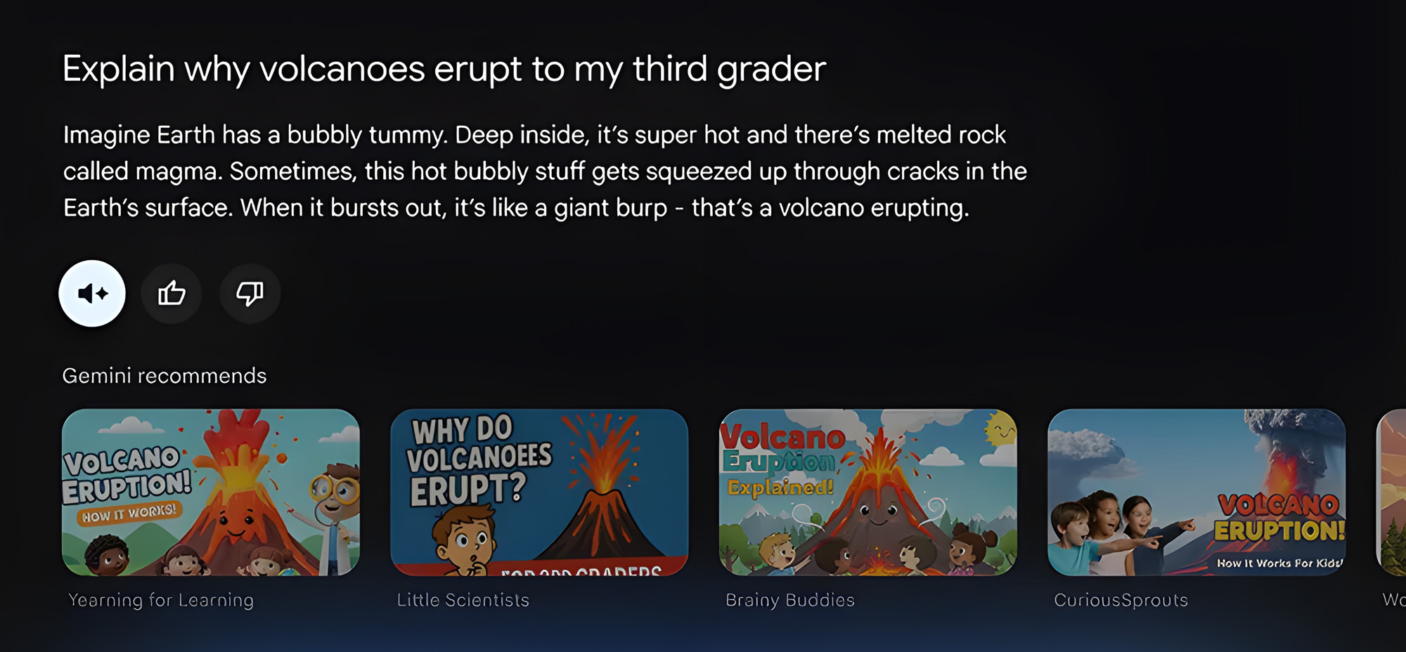Screenshot of Google Gemini explaining “why volcanoes erupt to my third grader” with simplified text and recommended children’s educational videos below.