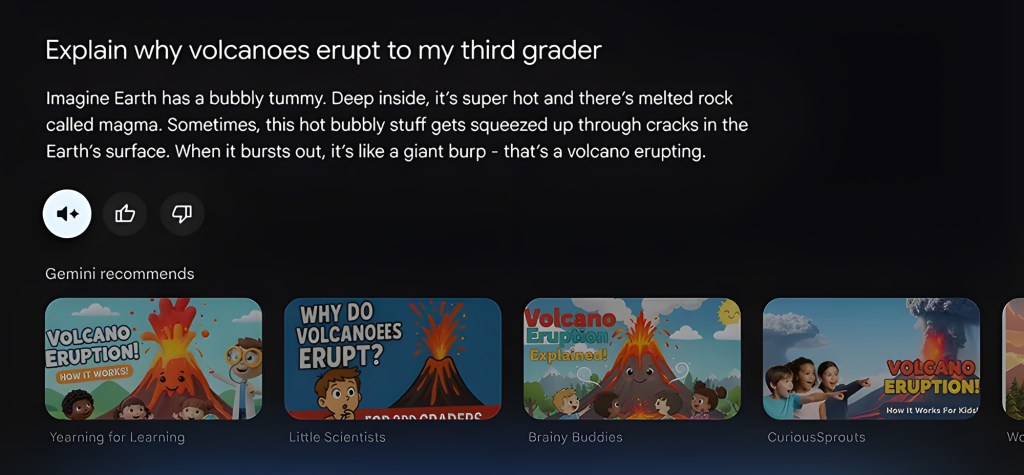 Screenshot of Google Gemini explaining “why volcanoes erupt to my third grader” with simplified text and recommended children’s educational videos below.