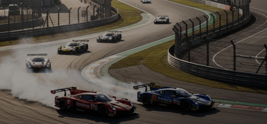 Sports cars racing on a track, with one red car and one blue car closely battling through a turn, leaving tire smoke behind, while other cars follow behind.
