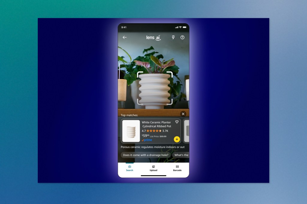 Smartphone screen showing Amazon’s Lens Live feature identifying a white ribbed ceramic planter in real time, with product details, reviews, and purchase options displayed beneath the live camera feed.