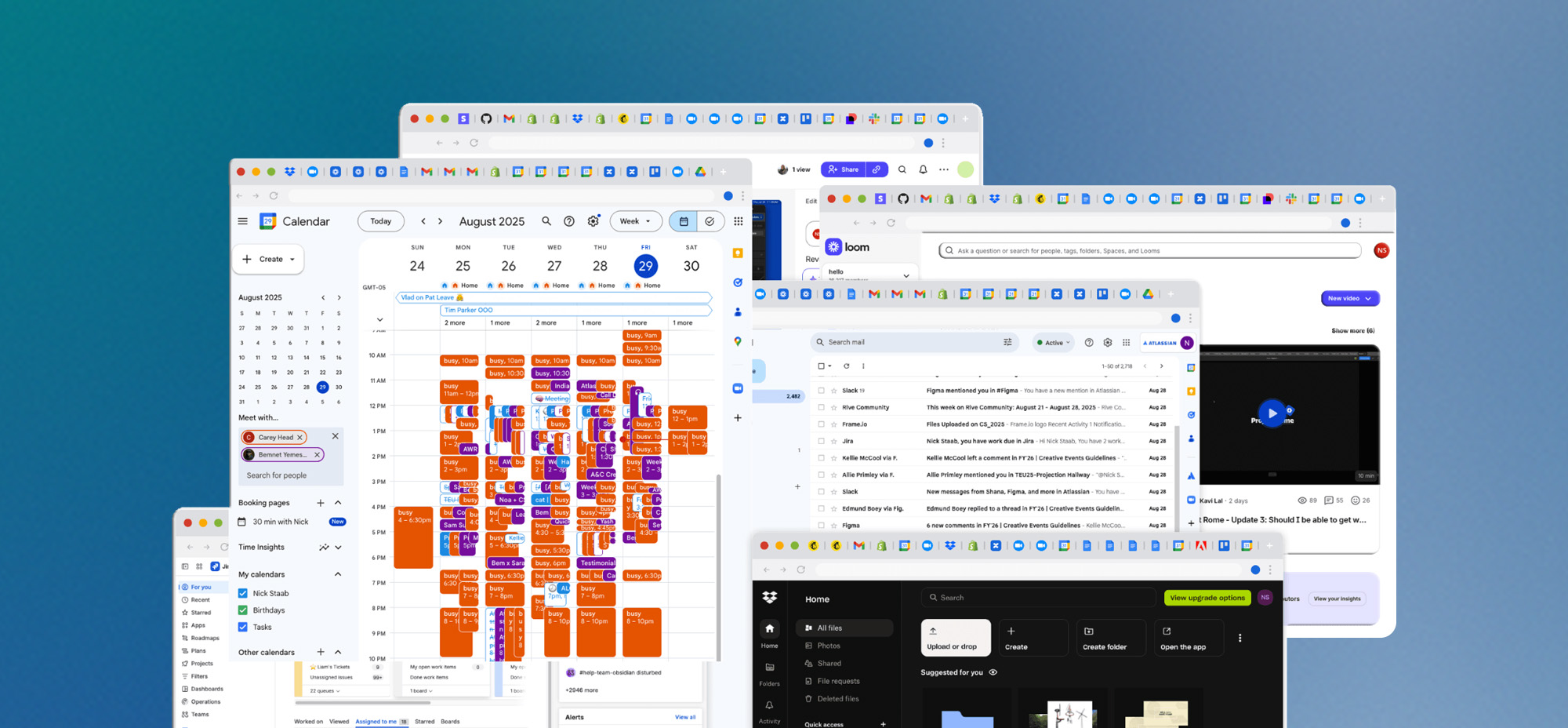 Collage of multiple overlapping browser windows showing productivity tools. At the centre is a Google Calendar packed with overlapping events. Surrounding it are Gmail, Loom, Dropbox, and other application windows, illustrating a busy digital workflow.