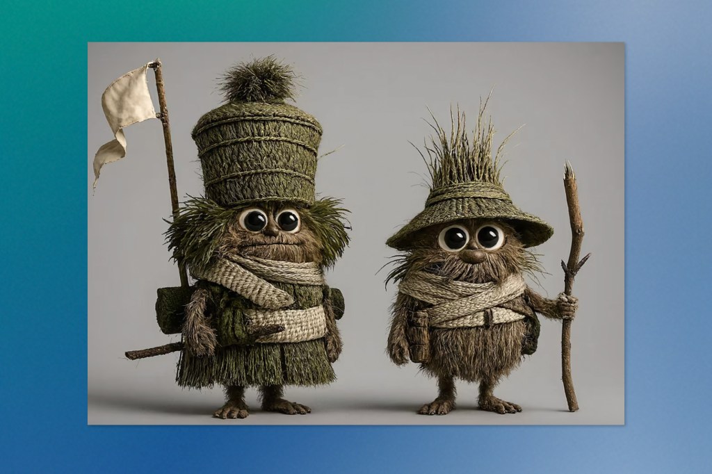 Illustration of two straw-and-grass critter characters with oversized round eyes, wearing woven hats and belts. One carries a staff with a small white flag, the other a simple stick.
