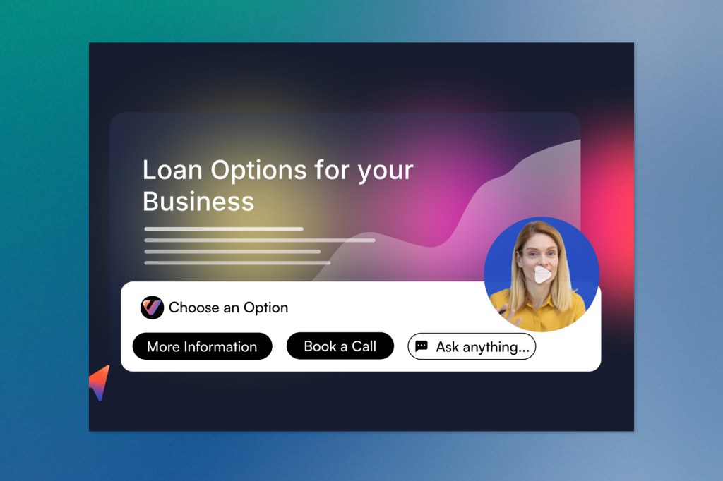 Promotional mockup for Evolo showing an interactive business loan video. The text reads “Loan Options for your Business” with call-to-action buttons: “More Information,” “Book a Call,” and “Ask anything.” A circular video overlay features a smiling woman speaking.