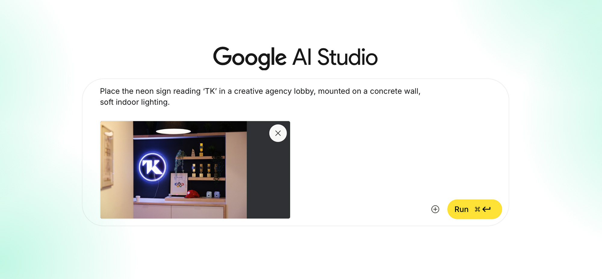 Screenshot of Google AI Studio interface showing a generated image. The prompt says: “Place the neon sign reading ‘TK’ in a creative agency lobby, mounted on a concrete wall, soft indoor lighting.” Below, an image displays a modern office shelf with plants, books, and a red cap, and a glowing circular neon sign reading “TK” mounted on the wall.