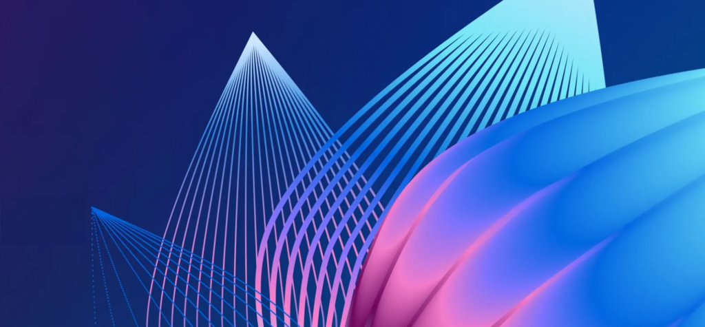 Abstract digital art with intersecting blue and pink gradient lines forming geometric wave patterns against a dark blue background.
