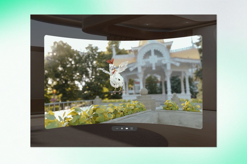 Virtual reality display showing a cartoon chicken skateboarding in a 3D-rendered outdoor scene with a building and trees in the background.