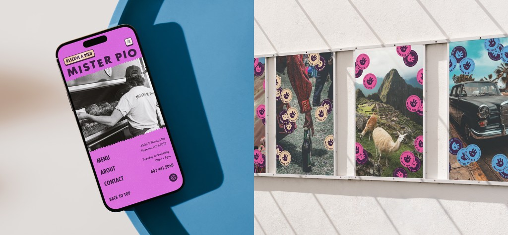 A split image showcasing the Mister Pio brand identity.