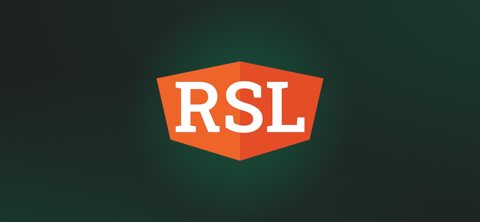 An orange shield-shaped logo with the white letters “RSL” centered on a dark green gradient background.