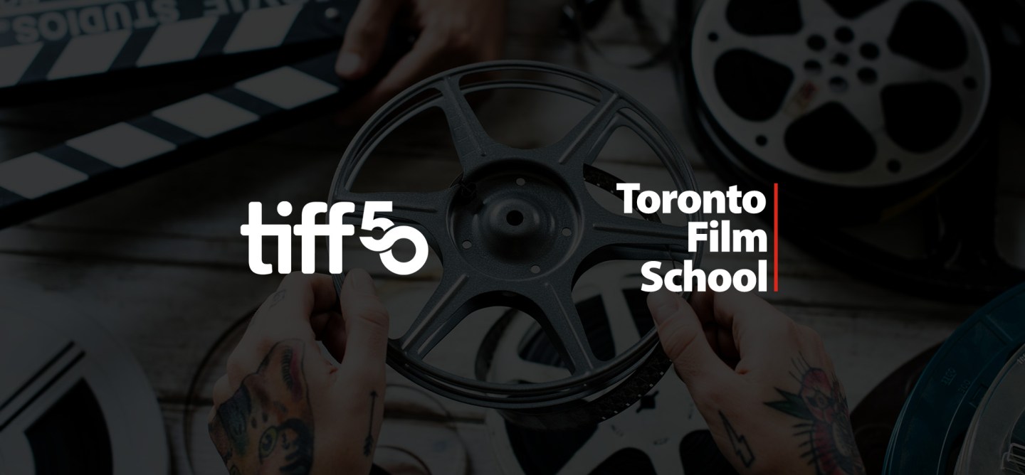 A close-up image of tattooed hands holding a film reel, overlaid with the TIFF 50 and Toronto Film School logos. The background includes other film reels and a partially visible film clapperboard, creating a cinematic and professional atmosphere.