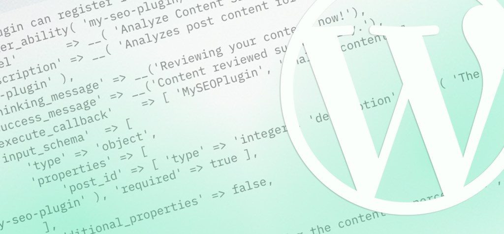 Close-up graphic of the WordPress logo overlaying blurred code snippets on a soft green gradient background.