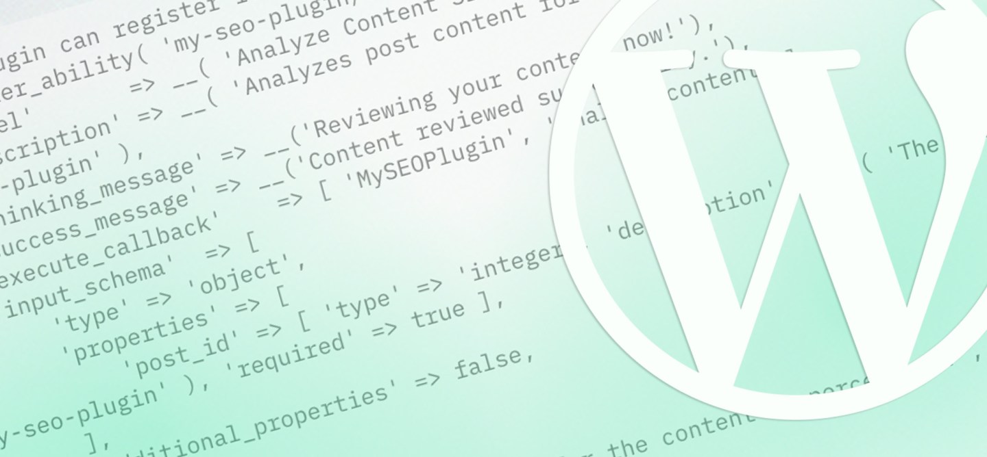 Close-up graphic of the WordPress logo overlaying blurred code snippets on a soft green gradient background.