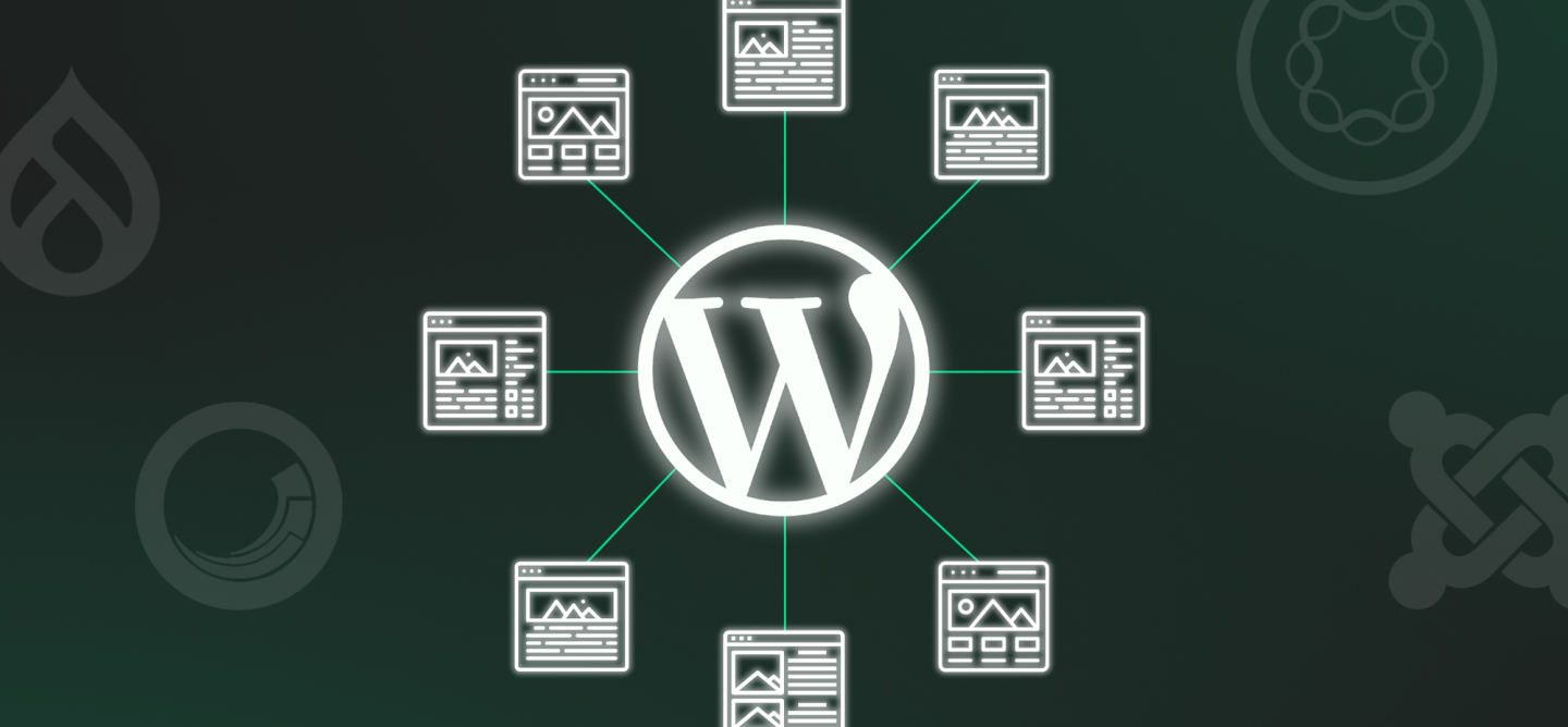 Illustration of the WordPress logo at the centre, connected to multiple website icons, representing a multisite network. Faded logos of other CMS platforms like Drupal, Sitecore, AEM, and Joomla appear in the background.