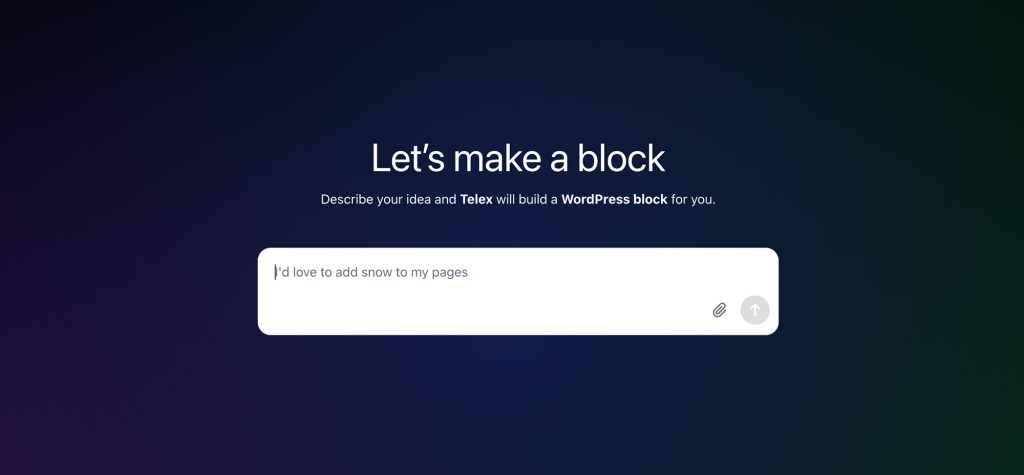 Screenshot of WordPress Telex interface with the heading “Let’s make a block,” showing a text box for users to describe features they want to generate as WordPress blocks.