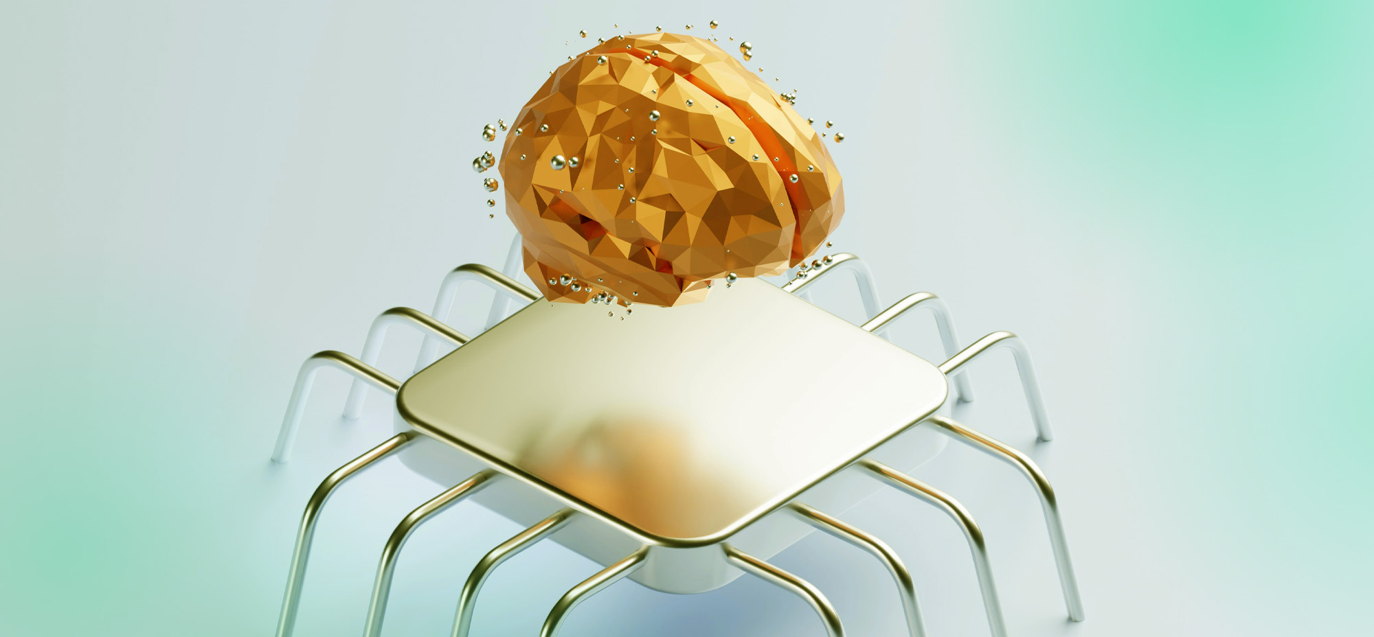 A 3D render of a golden, geometric brain hovering above a metallic microchip with spider-like legs, symbolizing artificial intelligence and computational power.