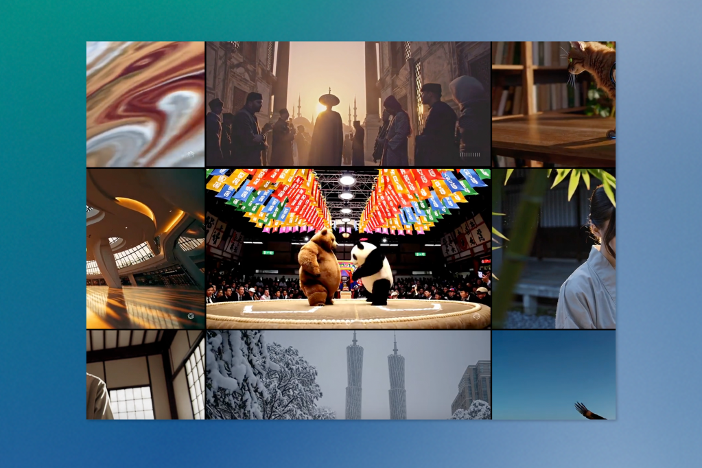 A mosaic of AI-generated video stills from Google Veo 2, displaying scenes like a cat on a table, martial artists, colourful sumo mascots, snow-covered trees, and architectural interiors.