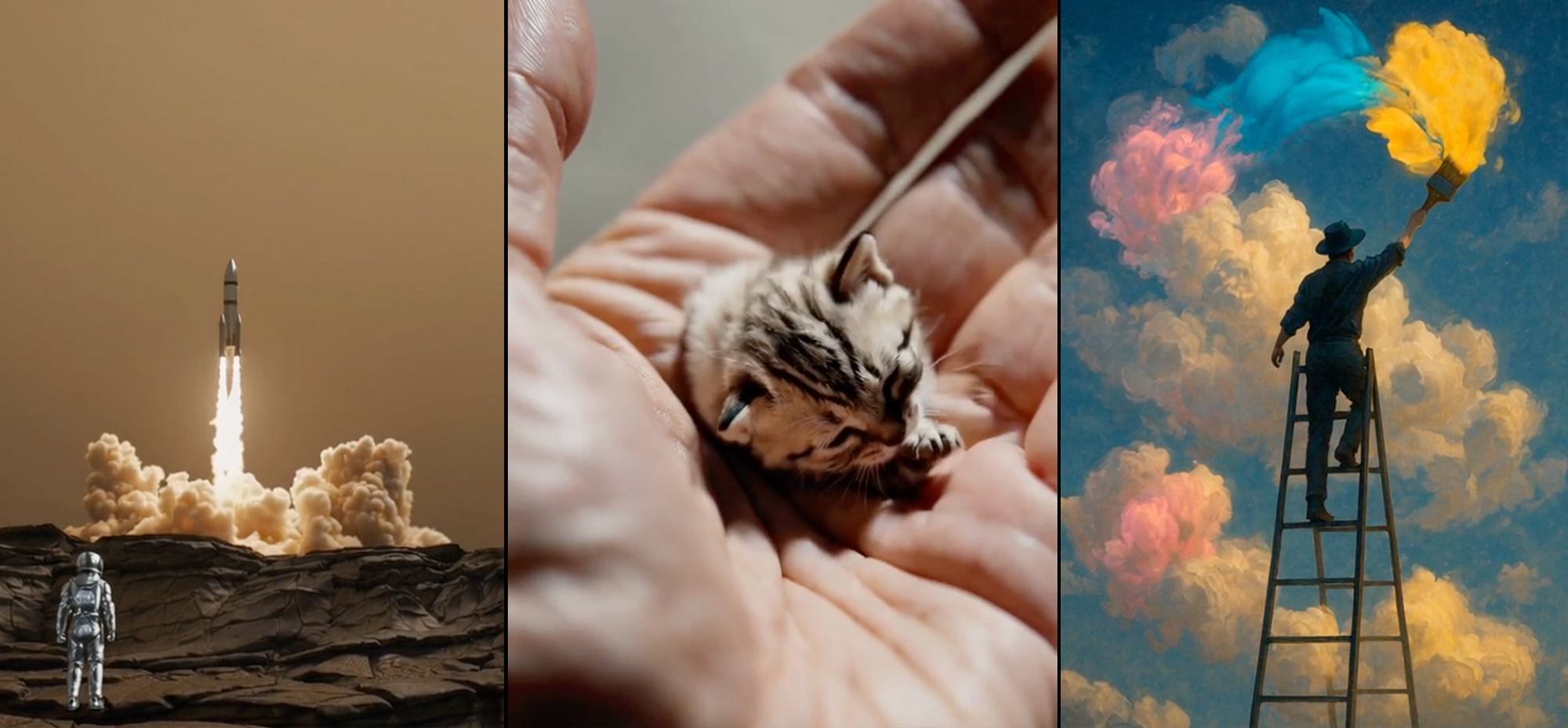 Three surreal digital artworks side by side: a rocket launching into space with an astronaut watching, a tiny kitten curled in a person’s hand, and a figure on a ladder painting colourful clouds in the sky.