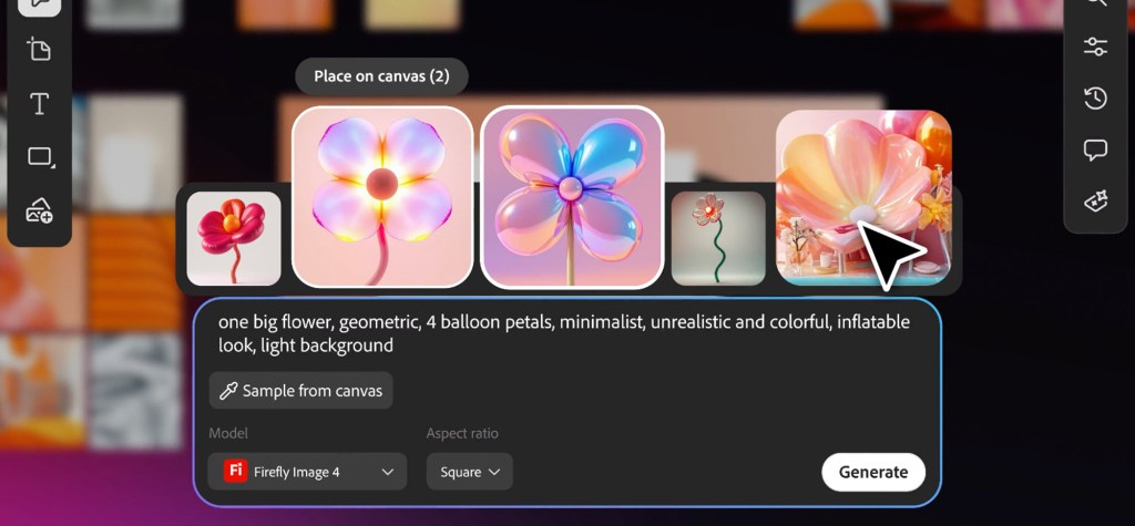 AI-generated flower variations created with Firefly Image 4, using a text prompt describing balloon petals and a light background.