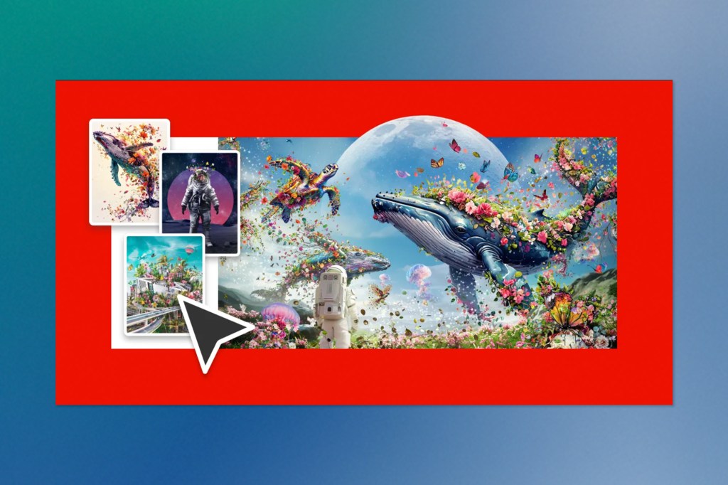 Vibrant collage with colourful whales, astronauts, and floral effects, with image cards being dragged onto the canvas in Adobe Firefly.